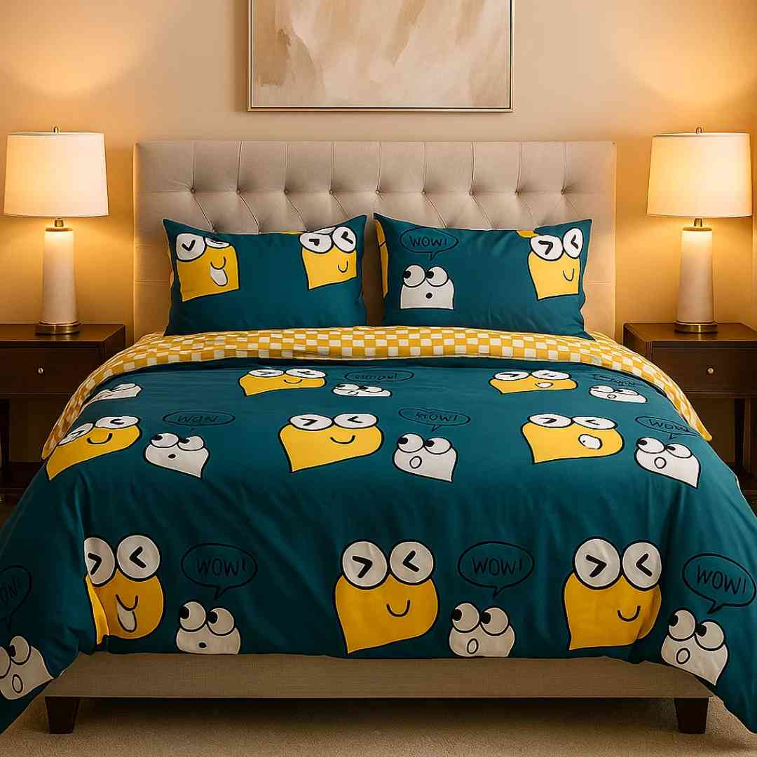 5pc Kids Bed Set – King Size Fitted Bedsheet Comforter Cover, Pillow Covers Comforter Cute Smiles Theme