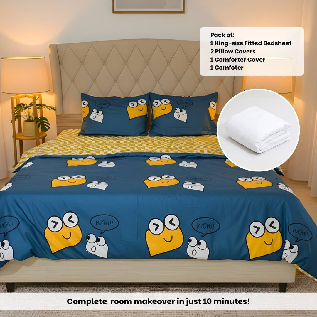 Cute Smiles 250TC King Bed Sheet Set (Set of 4 or Set of 5)
