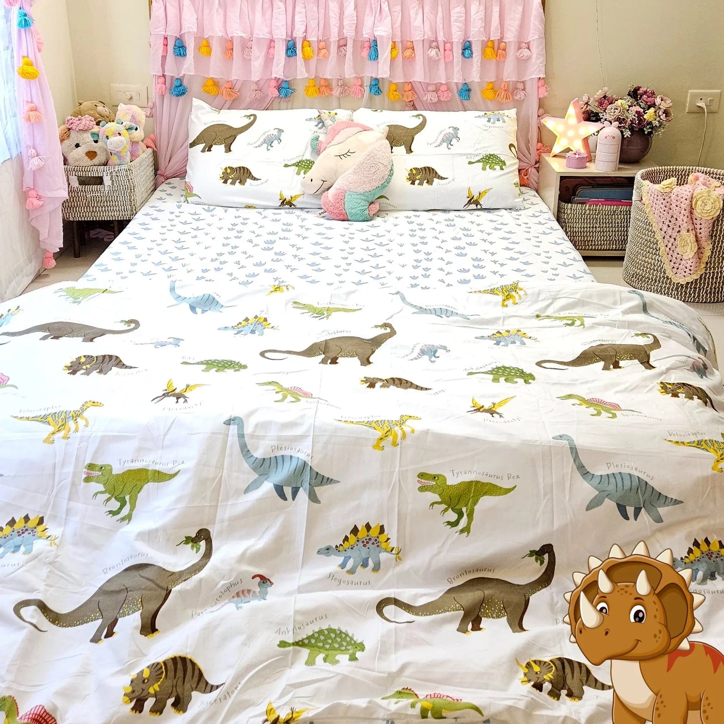 4pc Kids Bed Set – King Size Fitted Bedsheet , Comforter Cover & 2 Pillow Covers | Dino Park Theme Famyo Shop WH