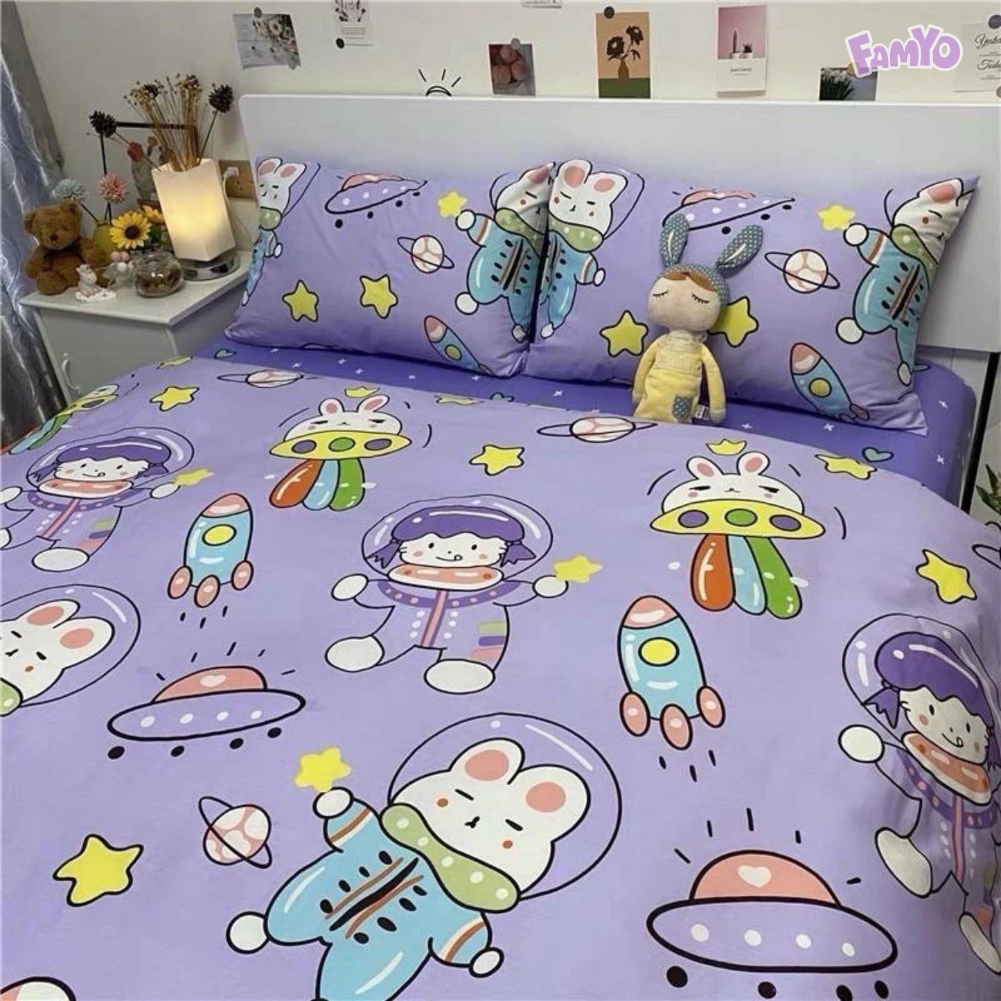 Famyo's Purple Astronaut Printed 4 Piece Bedding Set