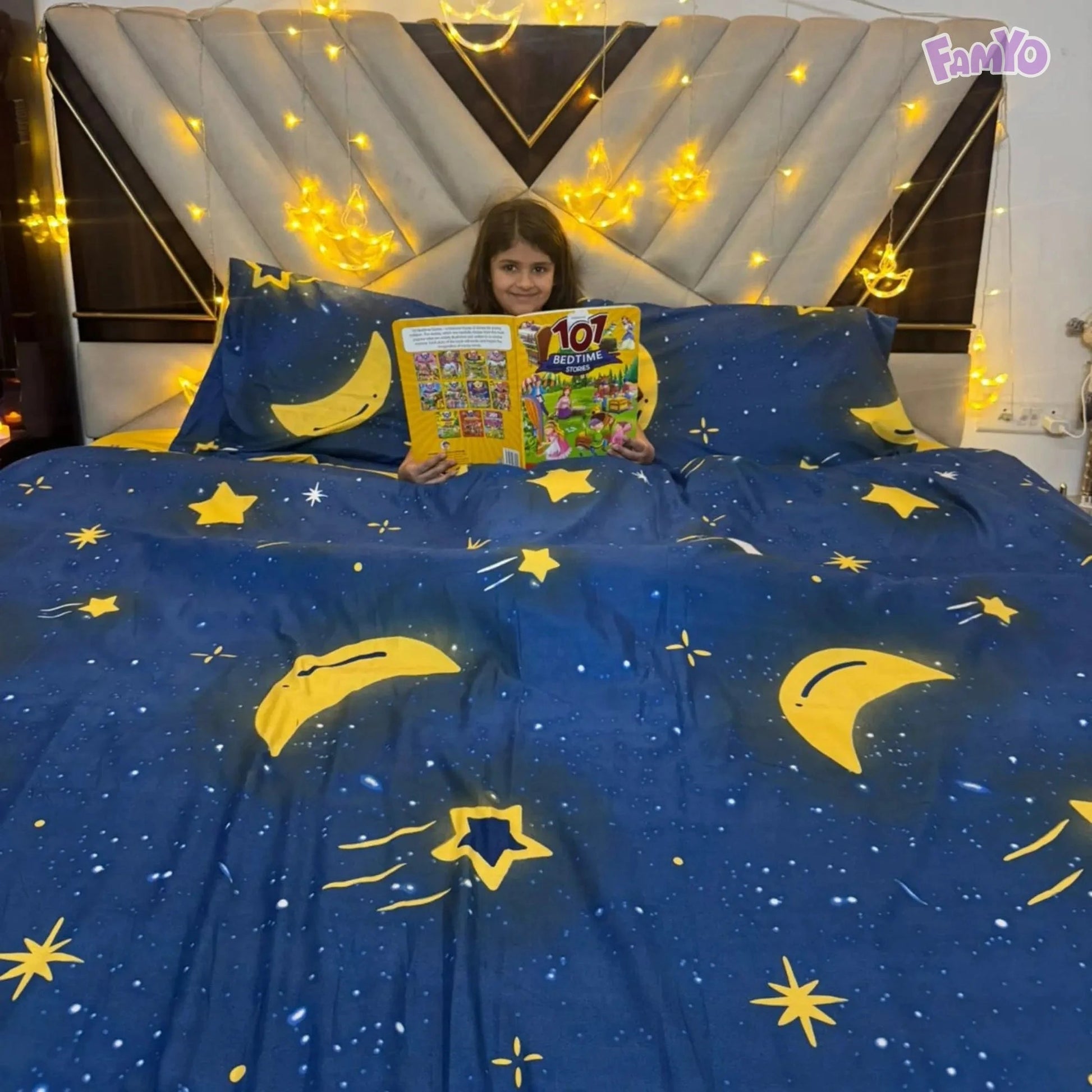Beautiful Moon and Stars design in blue and yellow on the Famyo bedding set for cozy night