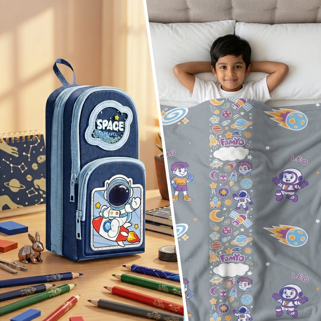Famyo Leo the astronaut glow in the dark blanket with dark blue astronaut pencil pouch combo for kids