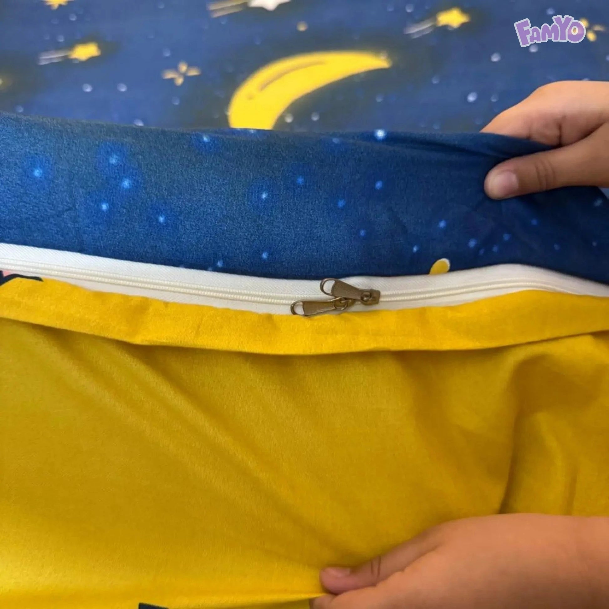 Famyo's Reversible comforter Cover in blue and yellow with Moon and Stars Themed for all season
