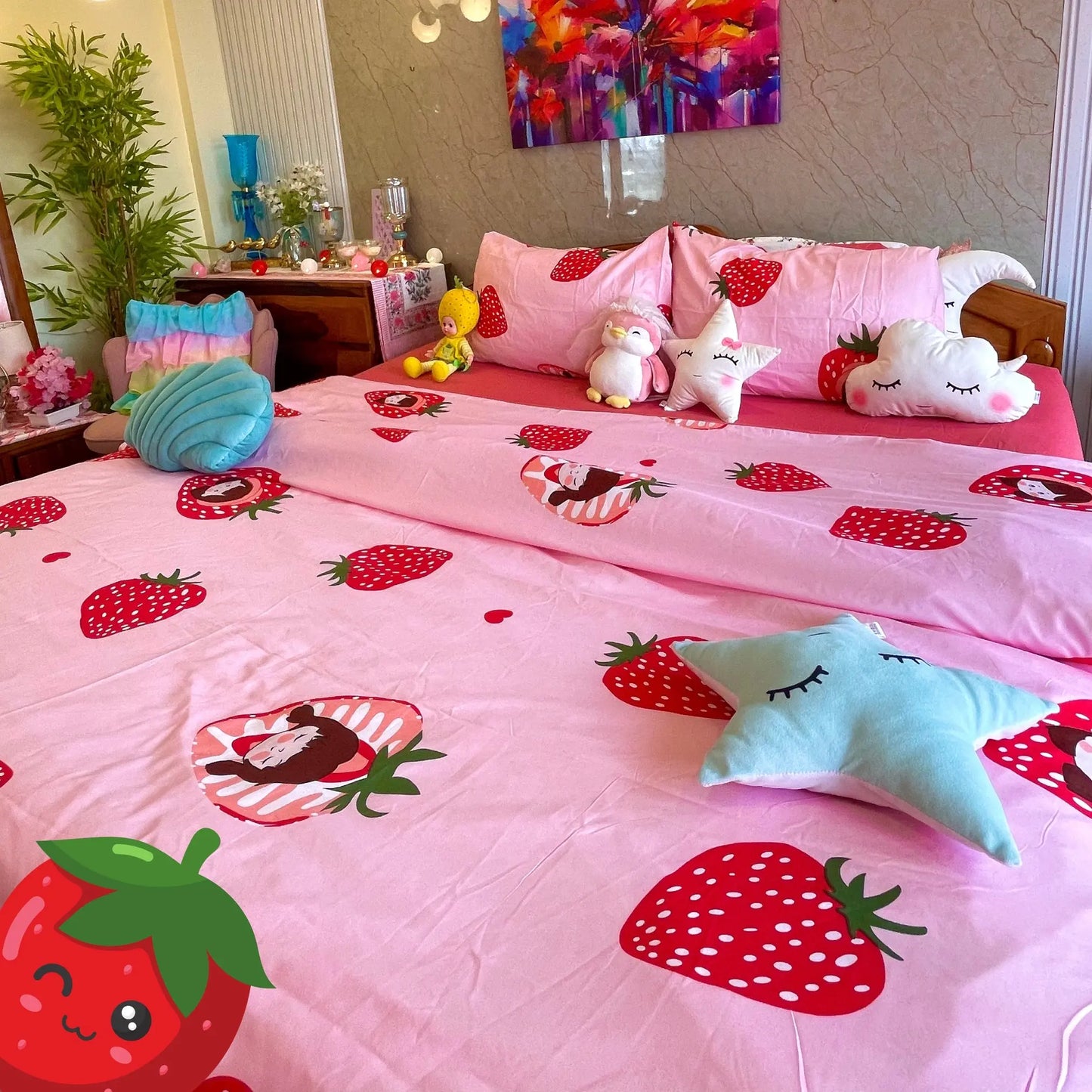 4pc Kids Bed Set – King Size Fitted Bedsheet , Comforter Cover & 2 Pillow Covers | Strawberry Pink Theme Famyo Shop WH