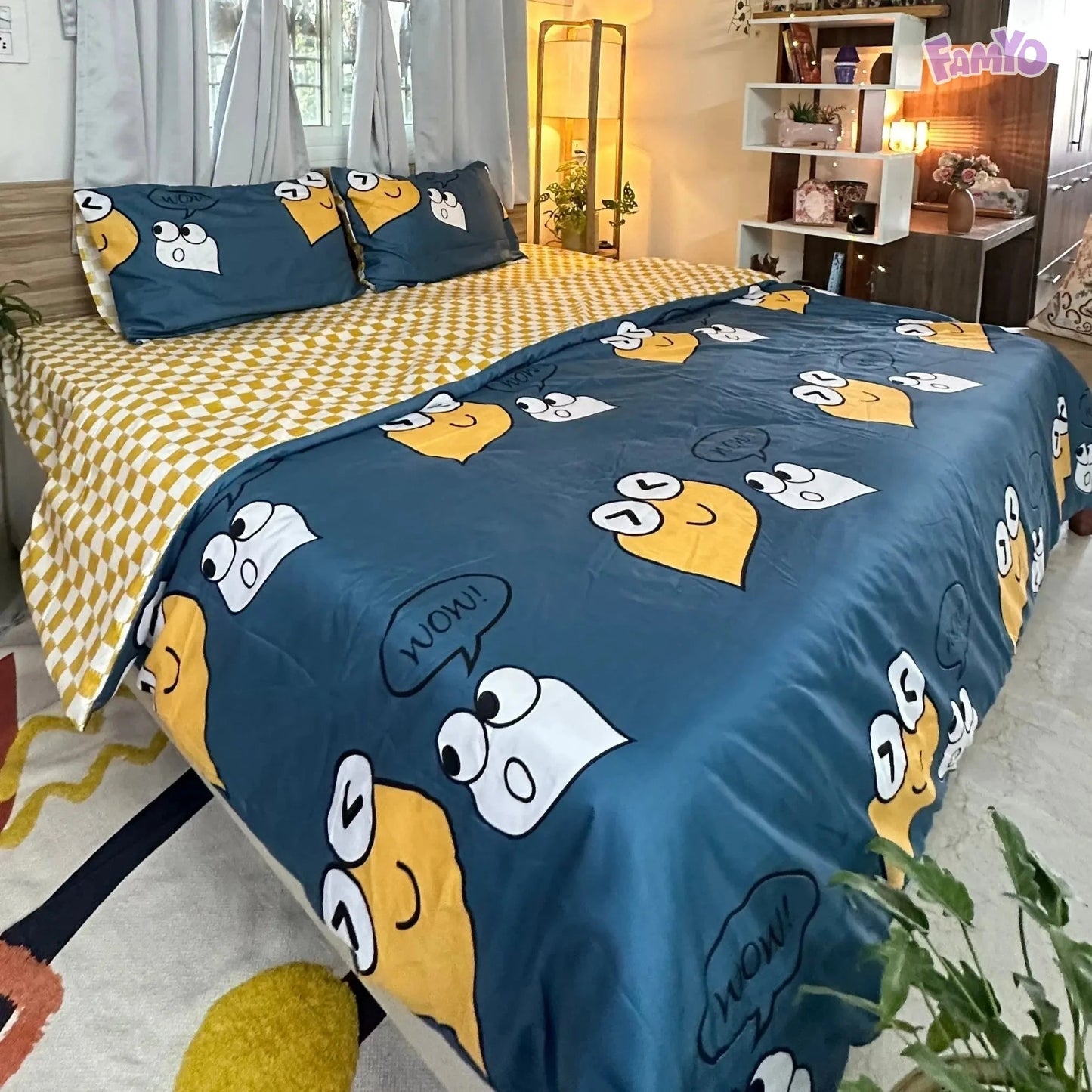 4pc Kids Bed Set – King Size Fitted Bedsheet , Comforter Cover & 2 Pillow Covers | Cute Smiles Theme Famyo Shop WH