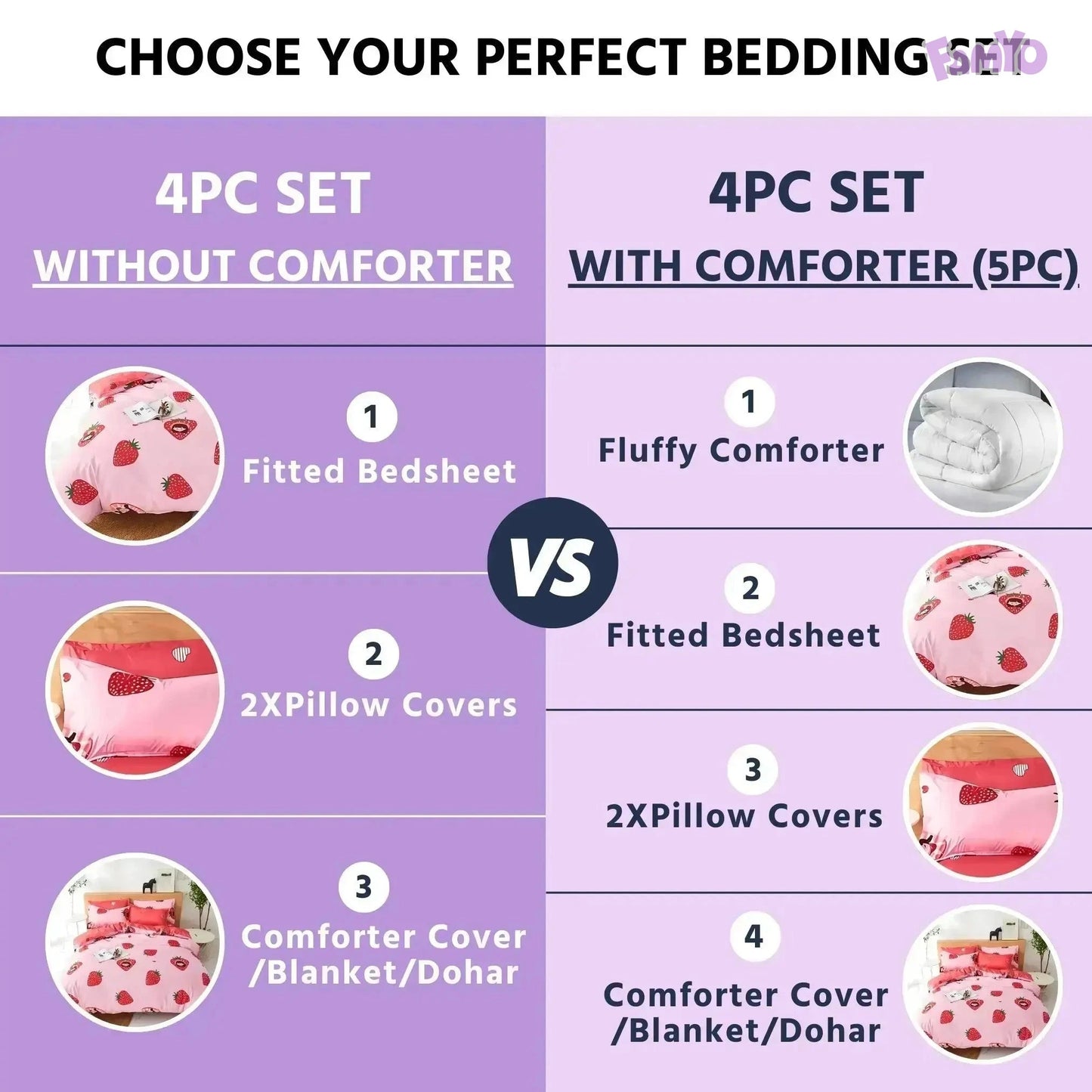 Famyo's Bedding set: 4PC set without comforter VS 4PC set with comforter(5PC) in Strawberry