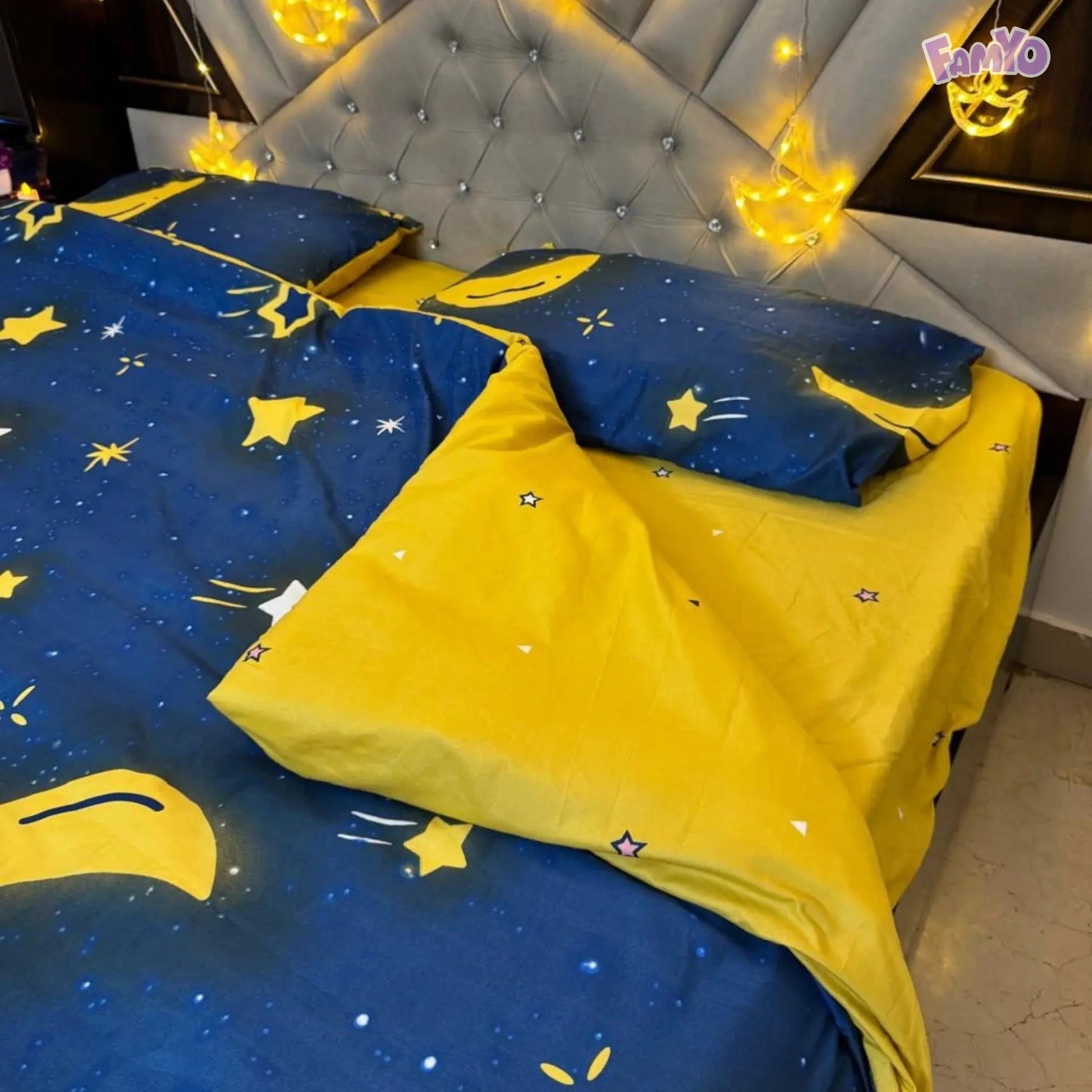 Famyo's Moon and Stars bedding set in a well-decorated kids' room
