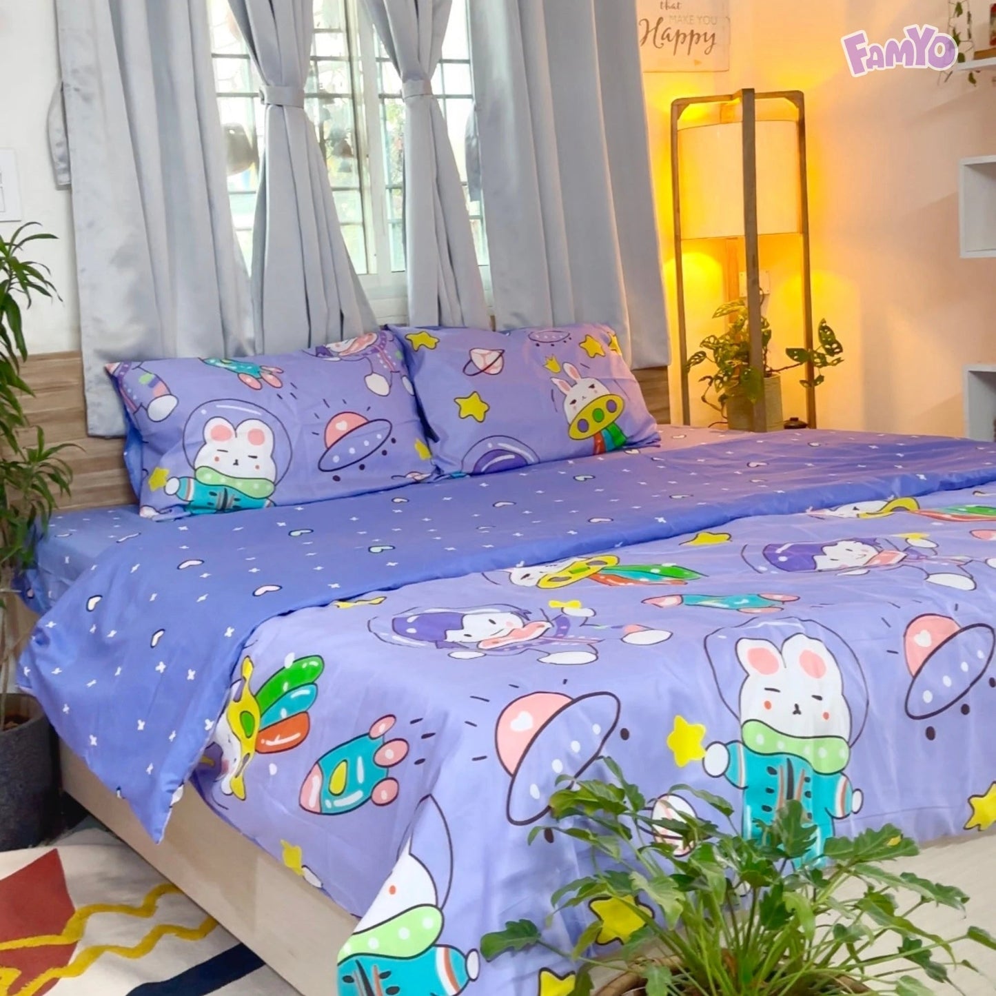 Famyo's Purple Astronaut Printed 4 Piece Bedding Set