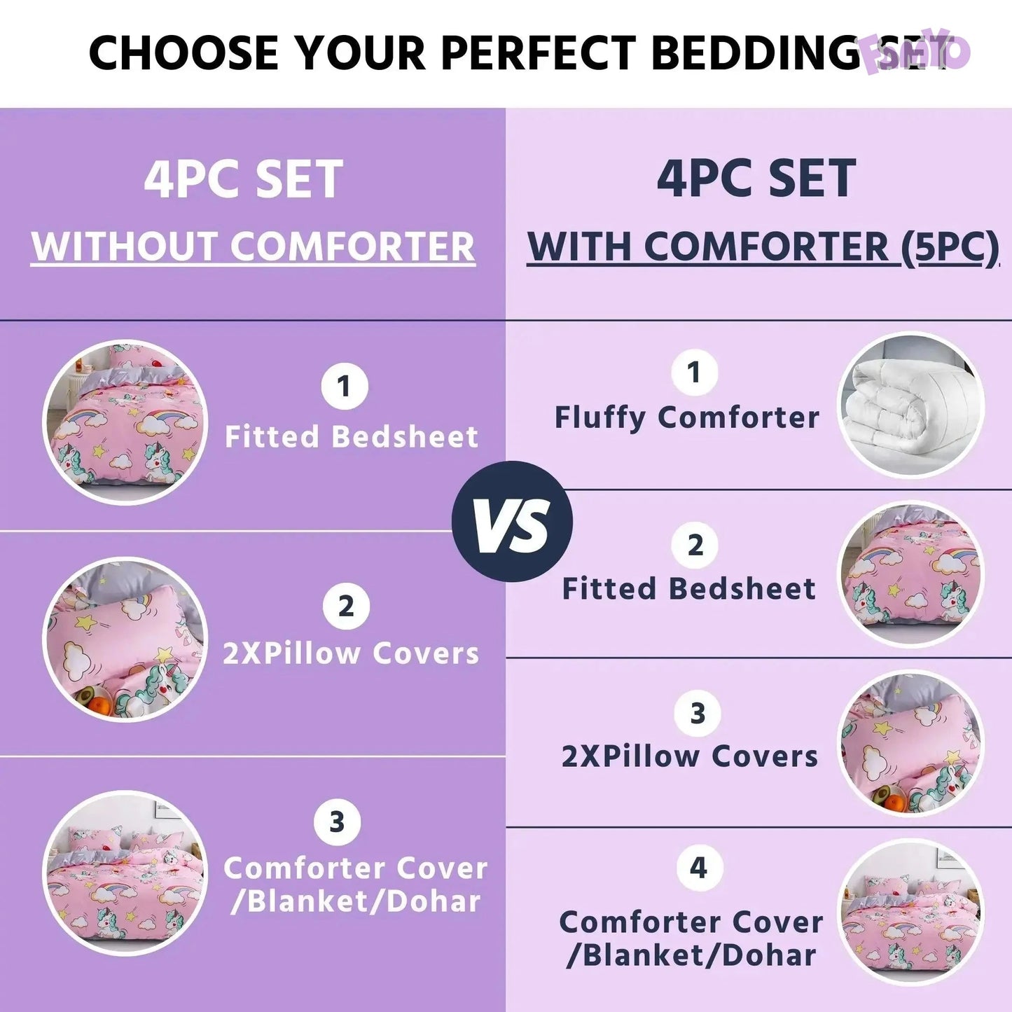 Famyo's Bedding set: 4PC set without comforter VS 4PC set with comforter(5PC) in Pink Unicorn & Rainbow Print