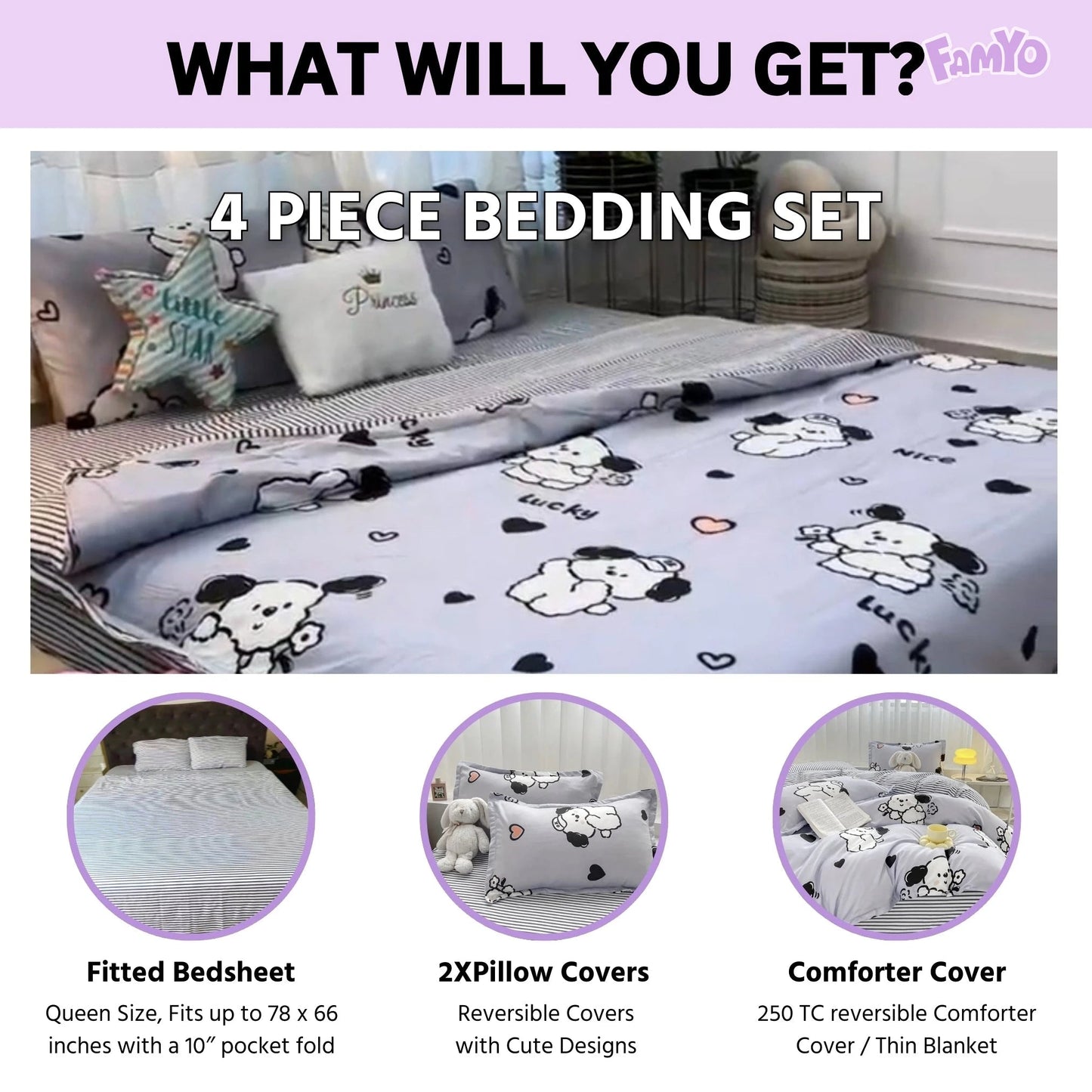 4pc Kids Bed Set – King Size Fitted Bedsheet , Comforter Cover & 2 Pillow Covers | Cute Puppy & Flowers Theme Famyo Shop WH
