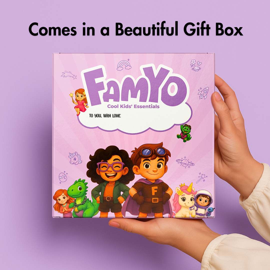 Hands holding a Famyo gift box featuring colorful cartoon characters and text “Comes in a Beautiful Gift Box – Famyo Cool Kids’ Essentials” on a lavender background.