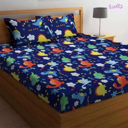 Famyo dinosaur 3pc bedsheet set with fitted bedsheet and zipped pillow covers