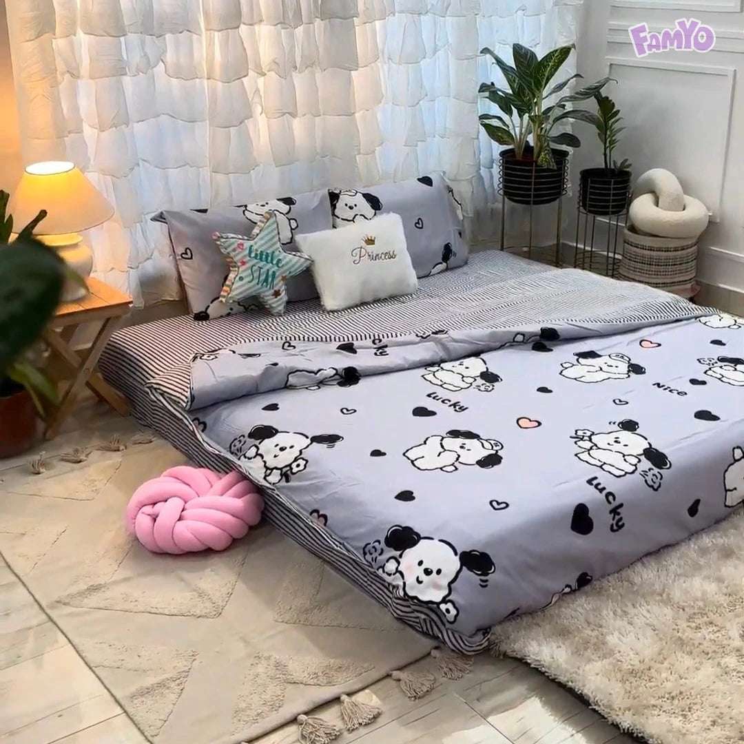 4pc Kids Bed Set – King Size Fitted Bedsheet , Comforter Cover & 2 Pillow Covers | Cute Puppy & Flowers Theme Famyo Shop WH