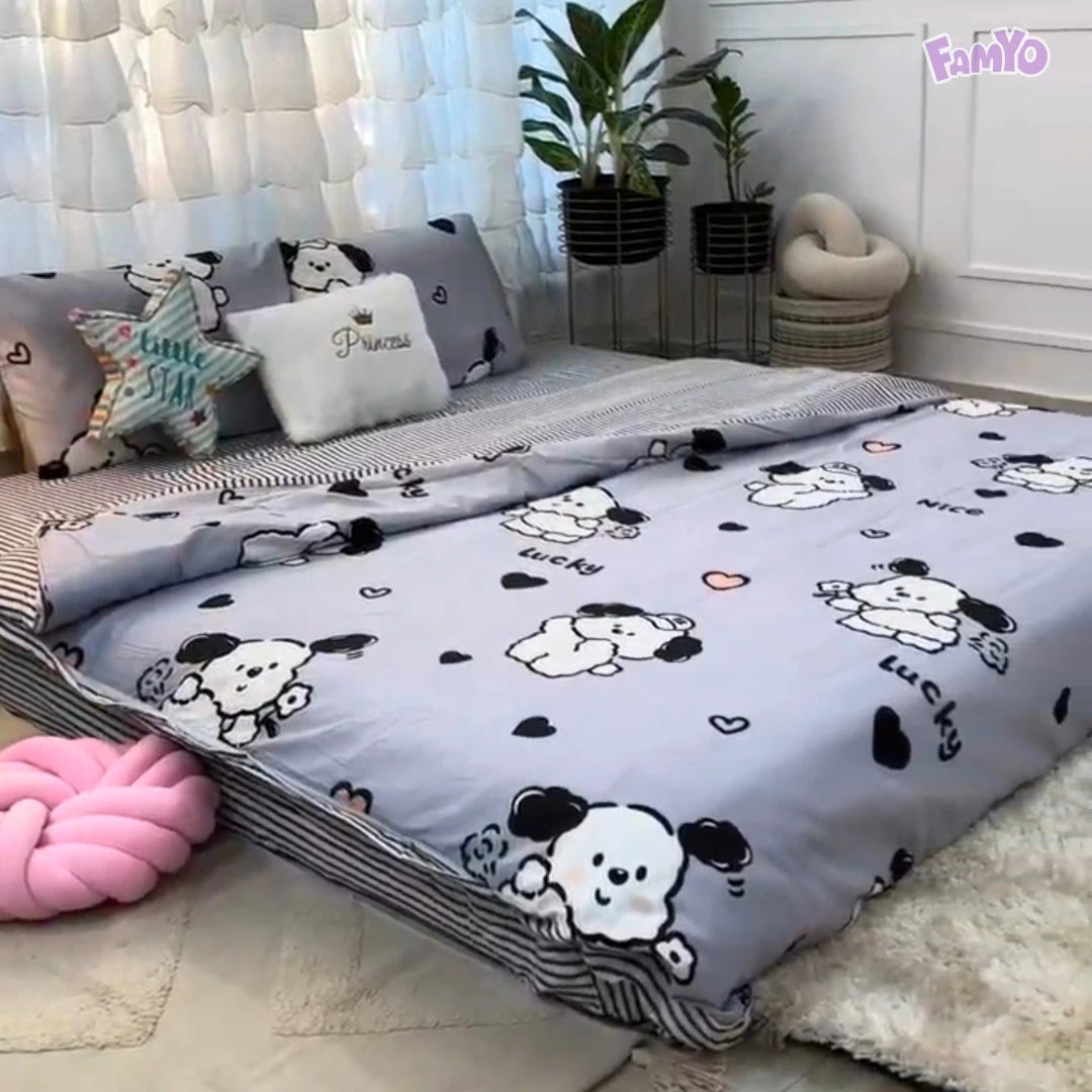4pc Kids Bed Set – King Size Fitted Bedsheet , Comforter Cover & 2 Pillow Covers | Cute Puppy & Flowers Theme Famyo Shop WH