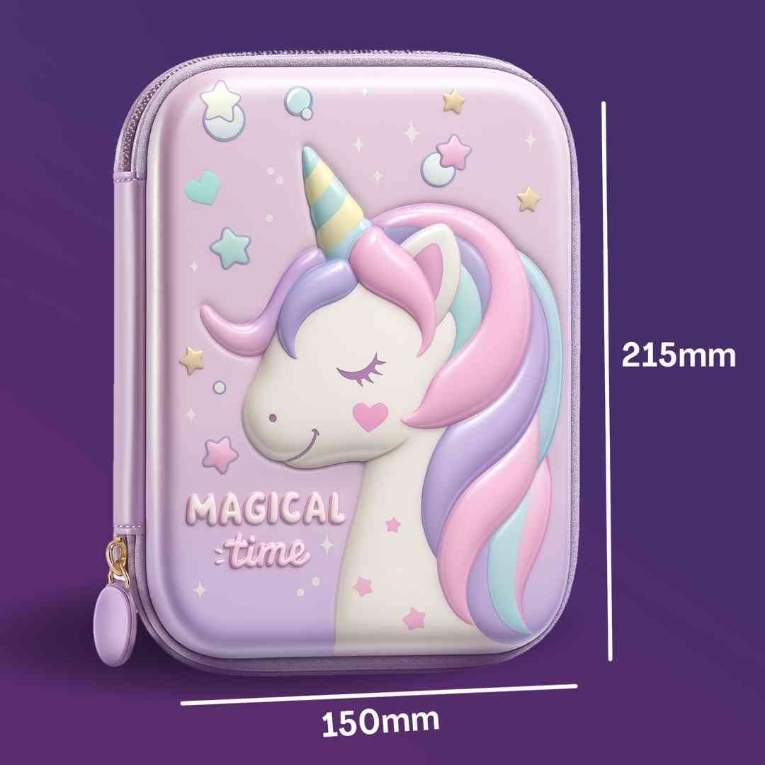 Hard shell pencil box for girls featuring magical unicorn print