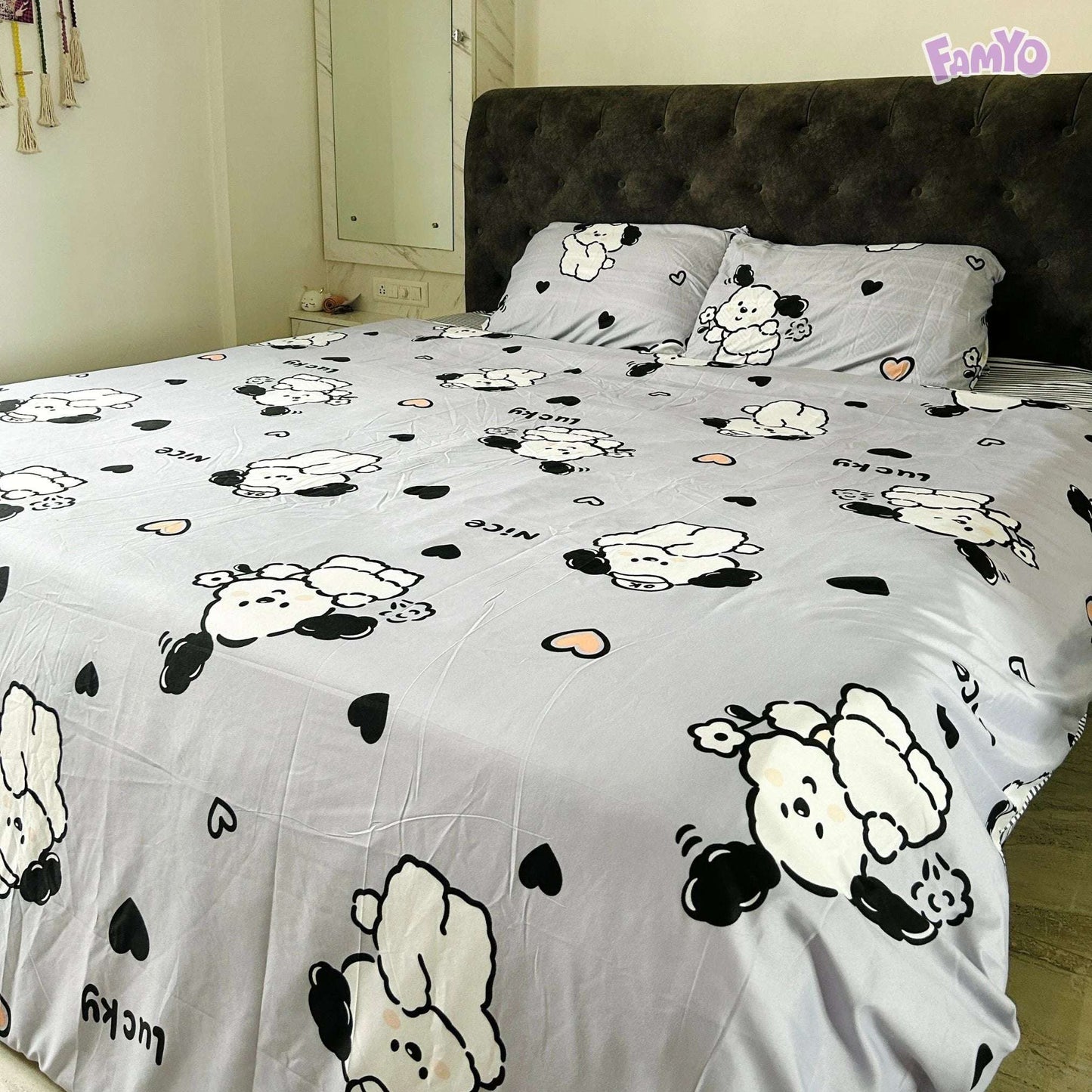 4pc Kids Bed Set – King Size Fitted Bedsheet , Comforter Cover & 2 Pillow Covers | Cute Puppy & Flowers Theme Famyo Shop WH
