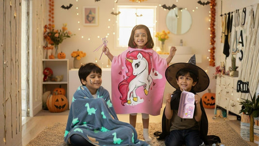 Kids in DIY Halloween costumes using Famyo poncho towel, glow blanket, and pencil pouch amid festive Halloween decor.
