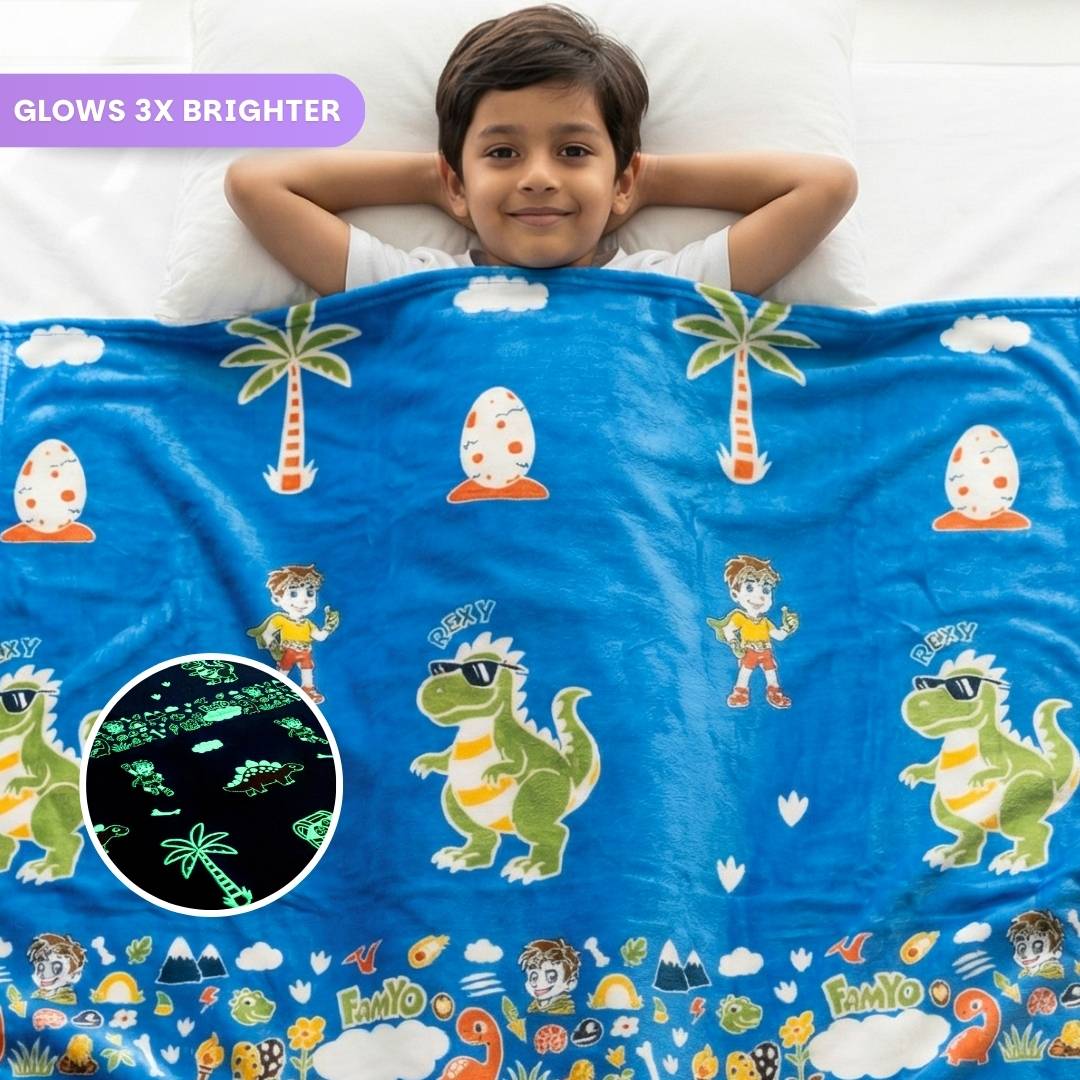 Rexy the Dino Glow Blanket from Famyo Glow Maxx Series – Soft Kids Blanket, Perfect Gift for Kids 0-15 years
