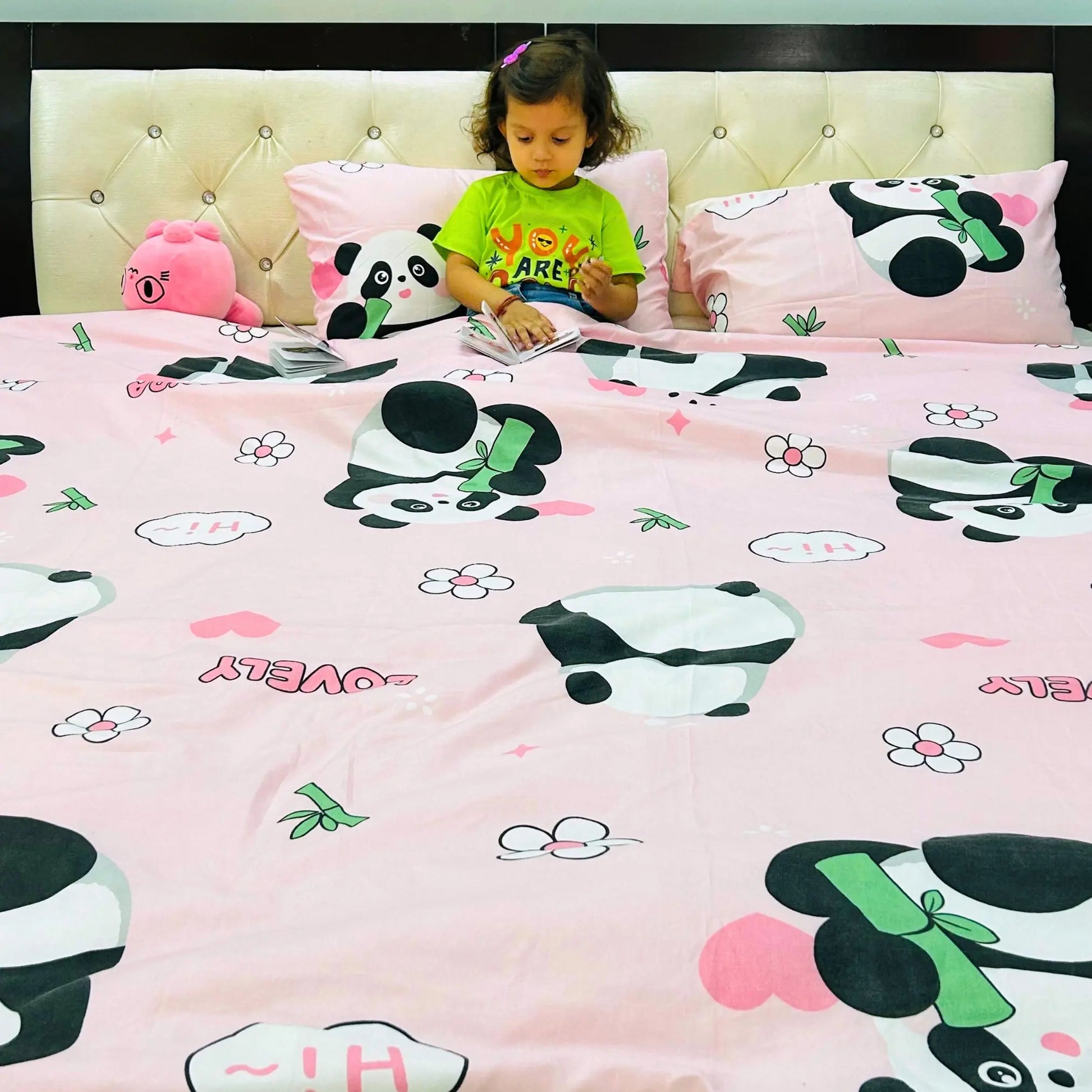 Famyo's All season 150 GSM Reversible comforter with pink Sleepy Panda Themed Cover