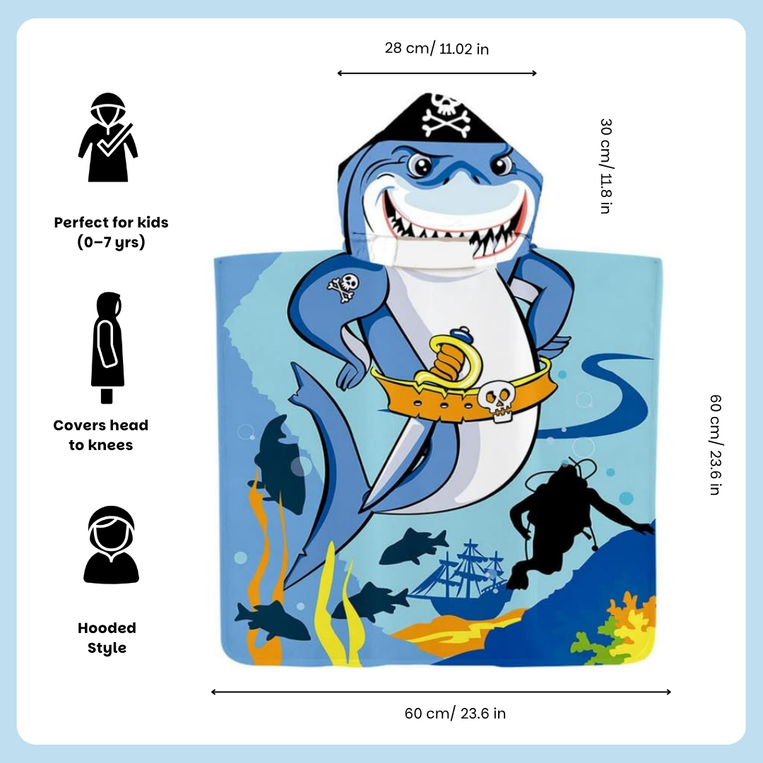 Pirate Baby Shark Hooded Poncho Towel for Kids | Quick-Dry, Highly Absorbent Microfiber Bath Towel