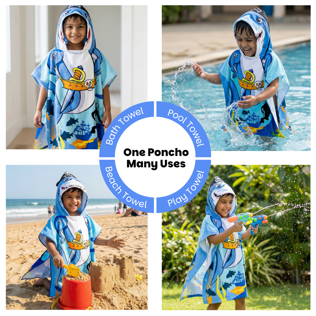 Pirate Baby Shark Hooded Poncho Towel for Kids | Quick-Dry, Highly Absorbent Microfiber Bath Towel