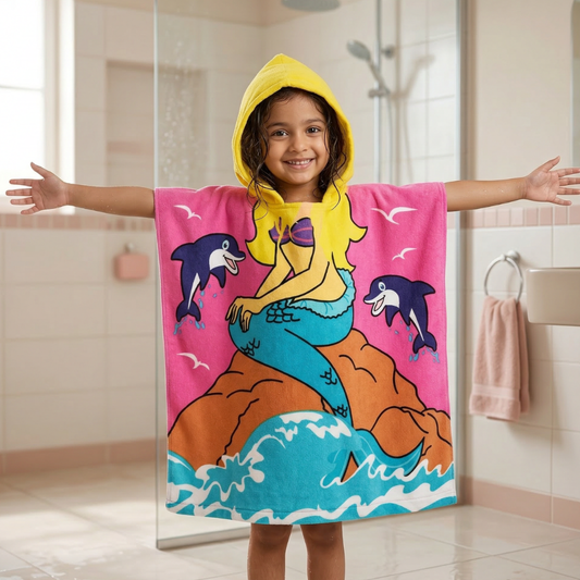 Cute Pink Mermaid Hooded Poncho Towel for Kids | Quick-Dry, Highly Absorbent Microfiber Bath Towel