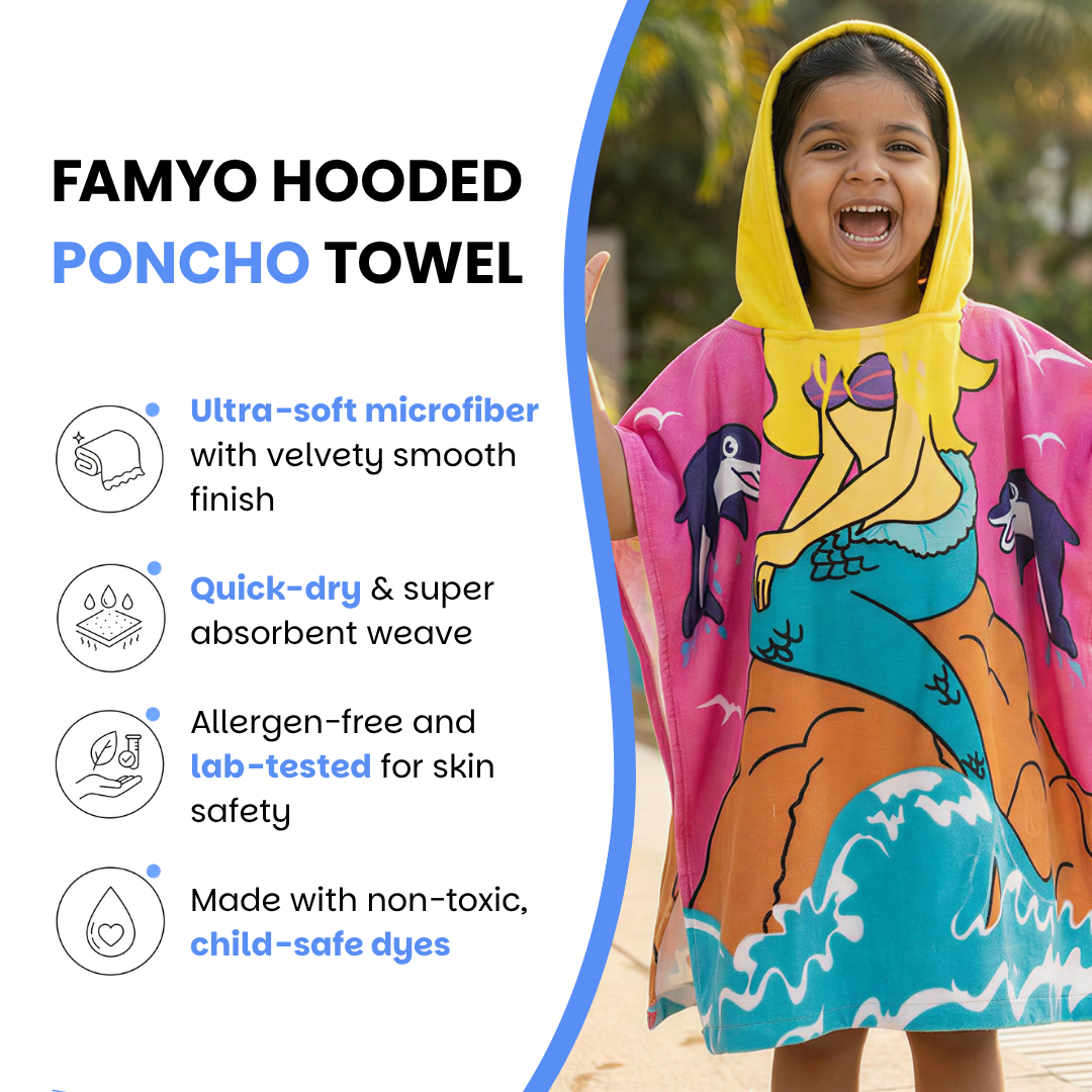 Cute Pink Mermaid Hooded Poncho Towel for Kids | Quick-Dry, Highly Absorbent Microfiber Bath Towel