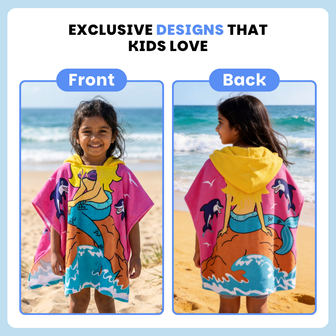 Cute Pink Mermaid Hooded Poncho Towel for Kids | Quick-Dry, Highly Absorbent Microfiber Bath Towel