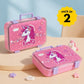 June the Unicorn bento lunch box for kids featuring 3 stainless steel compartments, leakproof design, BPA-free outer body, child-friendly locking clips, organised meal storage, and perfect for school lunches, travel, daycare, and everyday use.