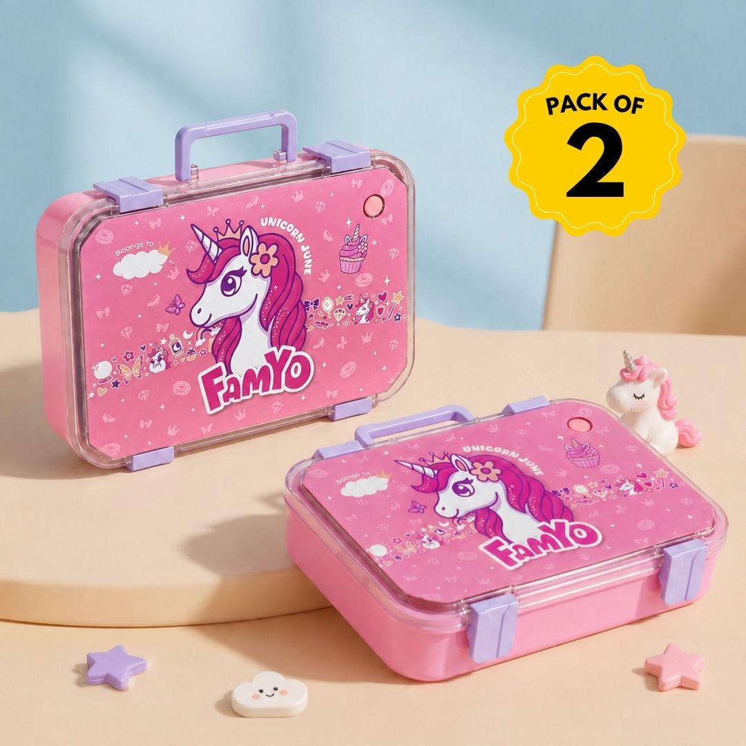 June the Unicorn bento lunch box for kids featuring 3 stainless steel compartments, leakproof design, BPA-free outer body, child-friendly locking clips, organised meal storage, and perfect for school lunches, travel, daycare, and everyday use.