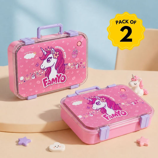June the Unicorn bento lunch box for kids featuring 3 stainless steel compartments, leakproof design, BPA-free outer body, child-friendly locking clips, organised meal storage, and perfect for school lunches, travel, daycare, and everyday use.