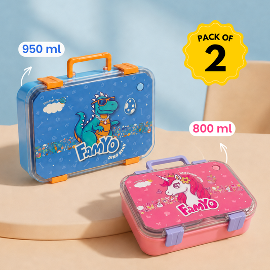 Famyo Kids Bento Lunch Box Combo – Rexy Dino & June Unicorn | Leakproof Tiffin Box Set | 3 Stainless Steel Compartments | BPA-Free School Lunch Box for Kids