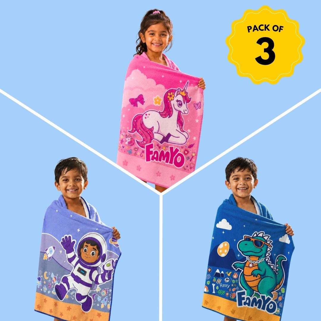 June the Unicorn, Leo the Astronaut & Rexy the Dino Kids Towel Combo, Pack of 3 | Quick-Dry Microfiber Bath Towels for Kids
