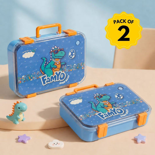 Rexy the Dino bento lunch box for kids featuring 3 stainless steel compartments, leakproof design, BPA-free outer body, child-friendly locking clips, organised meal storage, and perfect for school lunches, travel, daycare, and everyday use.