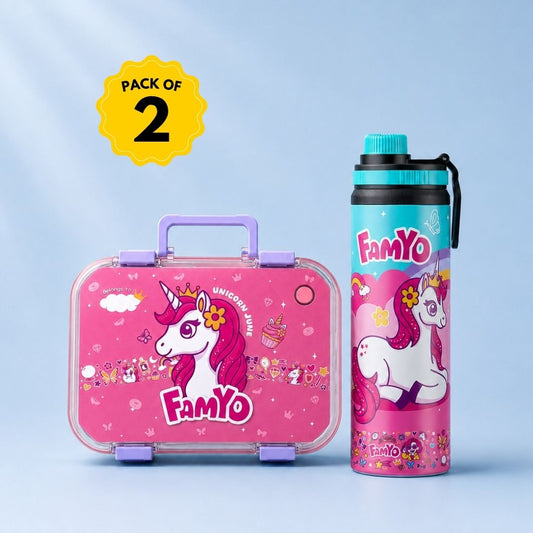 Famyo June Unicorn Lunch Box and Water Bottle Combo for Kids | 800 ml Leakproof Bento Box & Kids Water Bottle | School Essentials Set