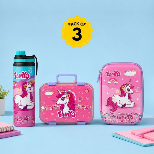 June Unicorn School Essentials Kit for Kids | 800 ml Bento Lunch Box, 900 ml Steel Water Bottle & Hard Shell Pencil Pouch Combo