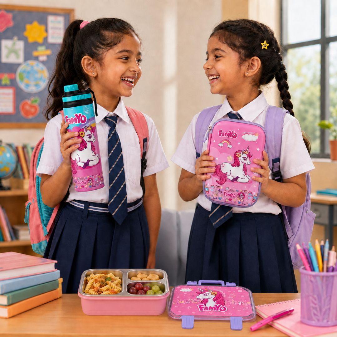 June Unicorn School Essentials Kit for Kids | 800 ml Bento Lunch Box, 900 ml Steel Water Bottle & Hard Shell Pencil Pouch Combo