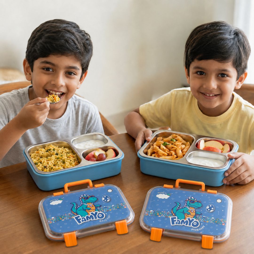 Rexy the Dino bento lunch box for kids featuring 3 stainless steel compartments, leakproof design, BPA-free outer body, child-friendly locking clips, organised meal storage, and perfect for school lunches, travel, daycare, and everyday use.