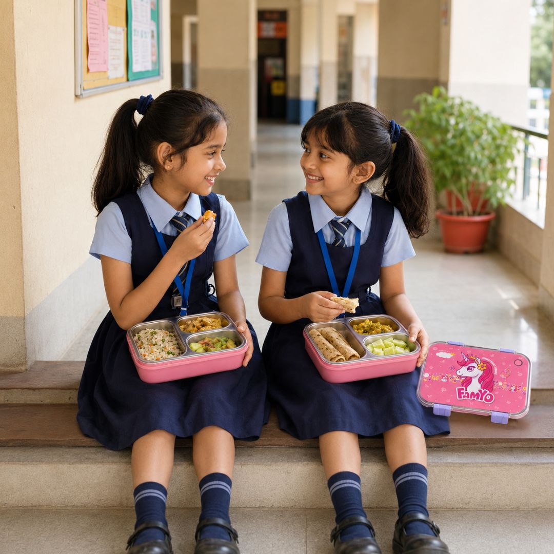 June the Unicorn bento lunch box for kids featuring 3 stainless steel compartments, 800 ml leakproof design, BPA-free outer body, child-friendly locking clips, organised meal storage, and perfect for school lunches, travel, daycare, and everyday use.