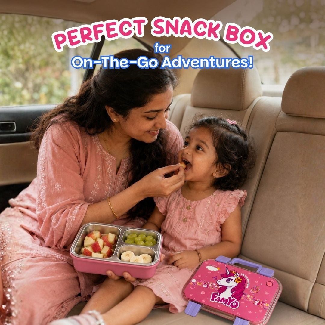 June the Unicorn bento lunch box for kids featuring 3 stainless steel compartments, 800 ml leakproof design, BPA-free outer body, child-friendly locking clips, organised meal storage, and perfect for school lunches, travel, daycare, and everyday use.