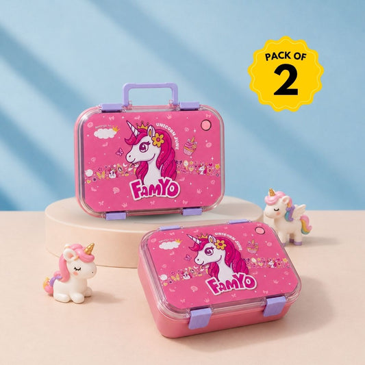 June Unicorn Bento Lunch Box Set of 2 for Kids | Leakproof Kids Tiffin Box | 800 ML | 3 Stainless Steel Compartments | BPA-Free