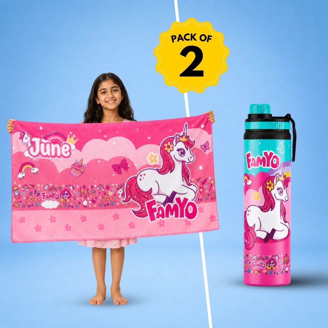 June the Unicorn Bath Towel & 900 ML Stainless Steel Water Bottle Combo for Kids | Quick-Dry Towel & School Water Bottle