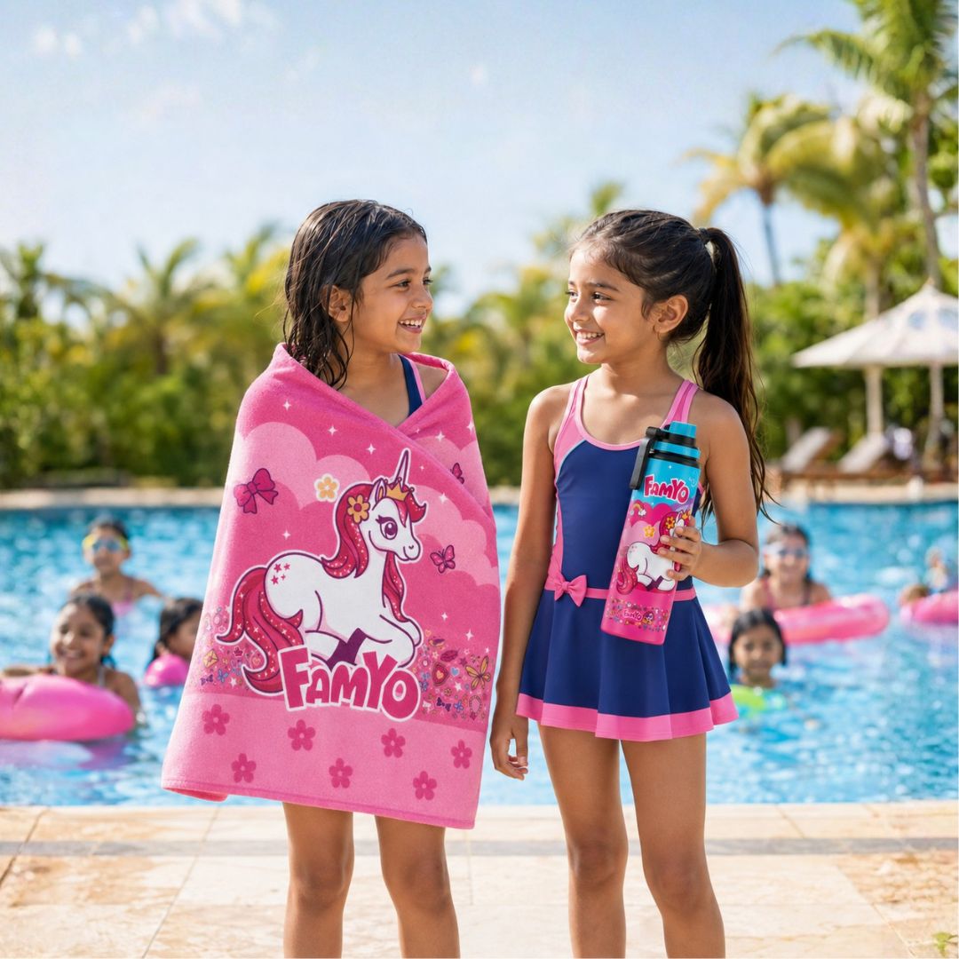 June the Unicorn Bath Towel & 900 ML Stainless Steel Water Bottle Combo for Kids | Quick-Dry Towel & School Water Bottle