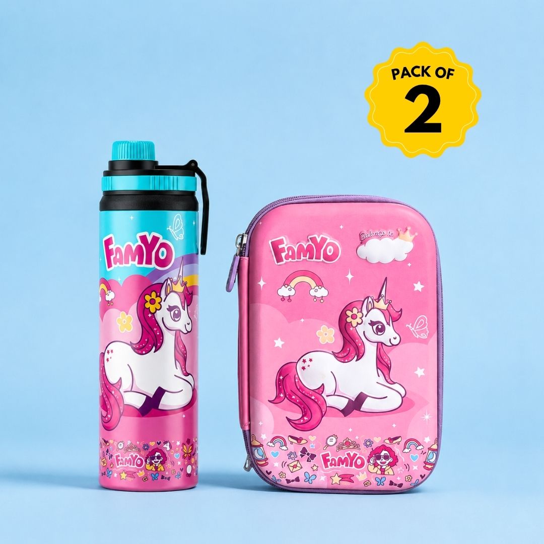 June the Unicorn water bottle and hard shell pencil pouch combo for kids featuring a 900 ml stainless steel water bottle and durable school pencil case, ideal for school, travel, and everyday use.