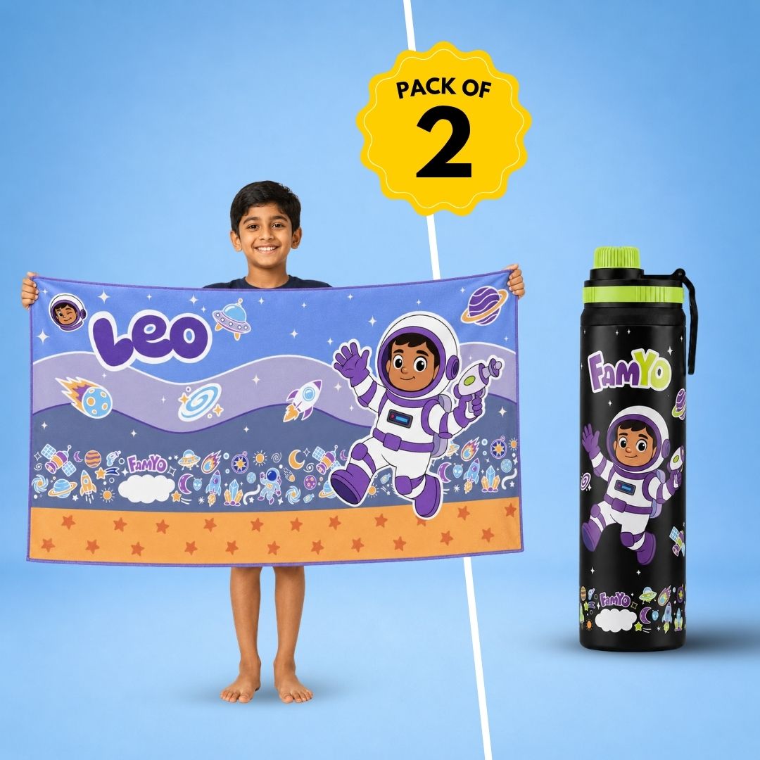 Leo the Astronaut Bath Towel & 900 ML Water Bottle Combo for Kids | Quick-Dry Towel & School Water Bottle