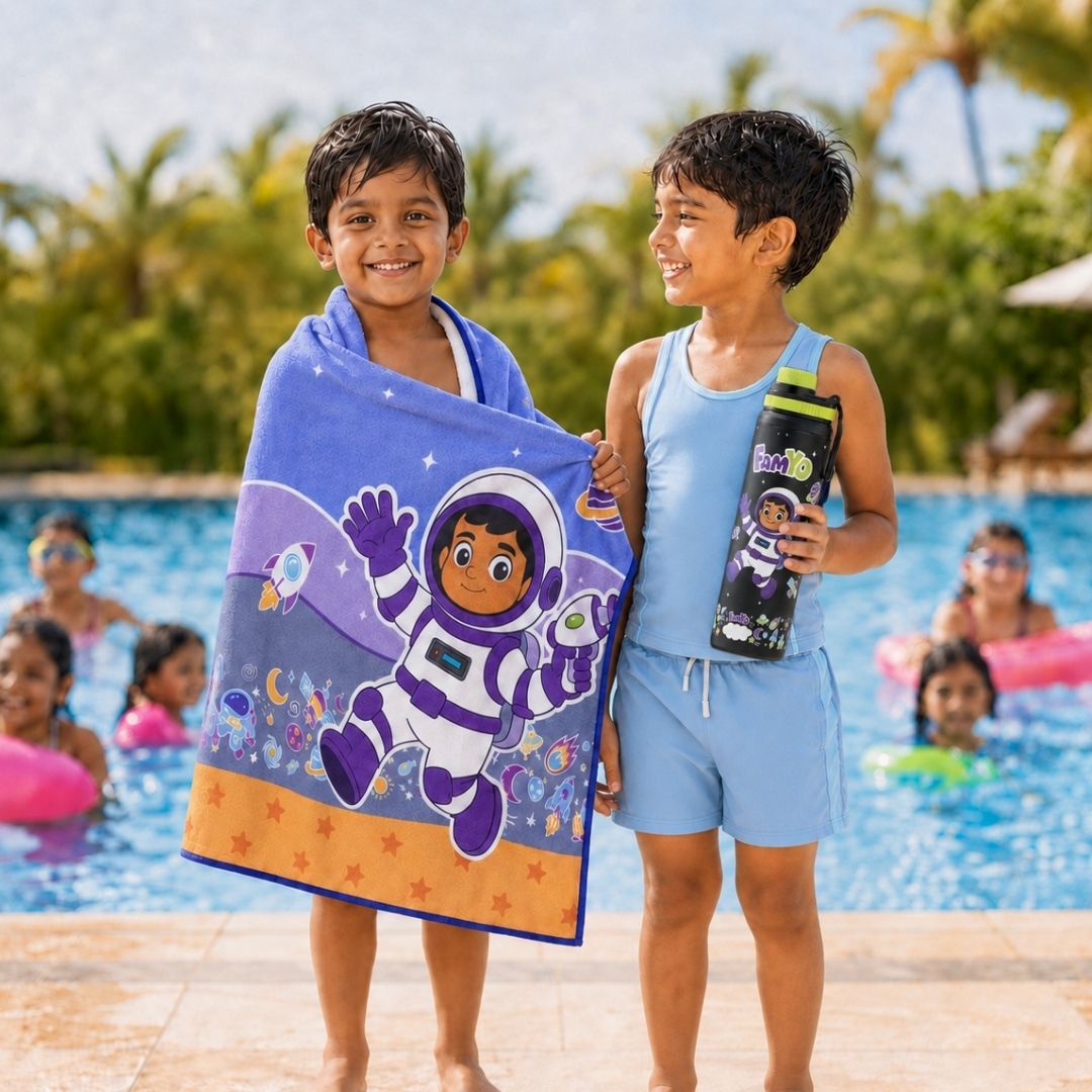 Leo the Astronaut Bath Towel & 900 ML Water Bottle Combo for Kids | Quick-Dry Towel & School Water Bottle