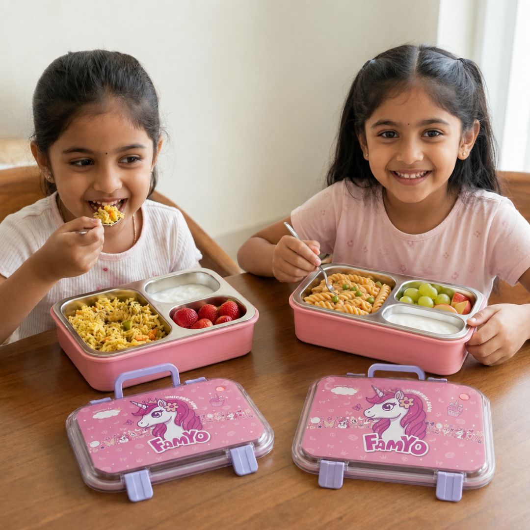 June the Unicorn bento lunch box for kids featuring 3 stainless steel compartments, leakproof design, BPA-free outer body, child-friendly locking clips, organised meal storage, and perfect for school lunches, travel, daycare, and everyday use.
