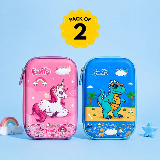 June the Unicorn and Rexy the Dino hard shell pencil pouch combo for kids featuring durable multi-compartment school pencil cases, ideal for organising stationery at school, tuition, travel, and everyday use.