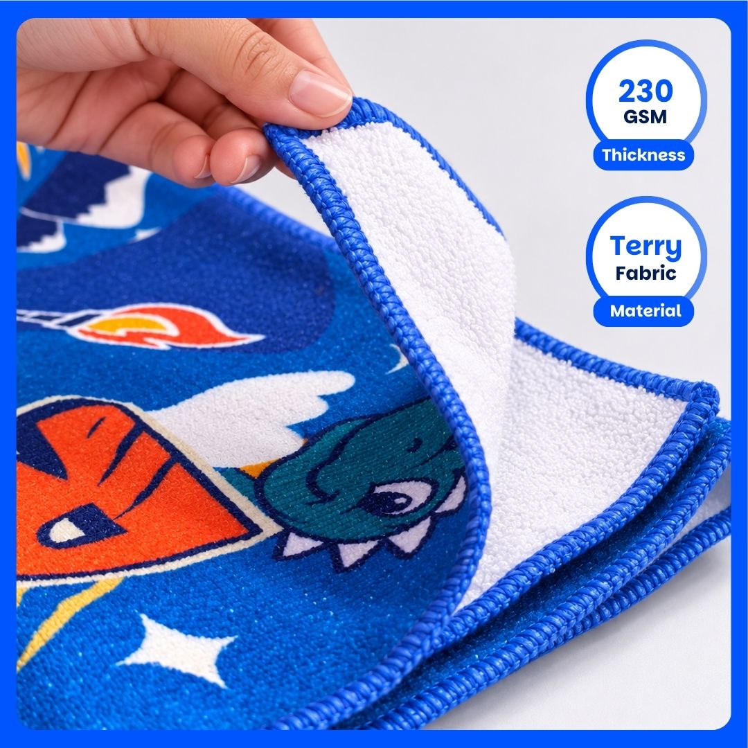 Rexy the Dino kids towel featuring soft quick-dry terry fabric, lightweight absorbent design, 70 × 140 cm size, and ideal for bath, beach, pool, swimming, travel, and everyday use.