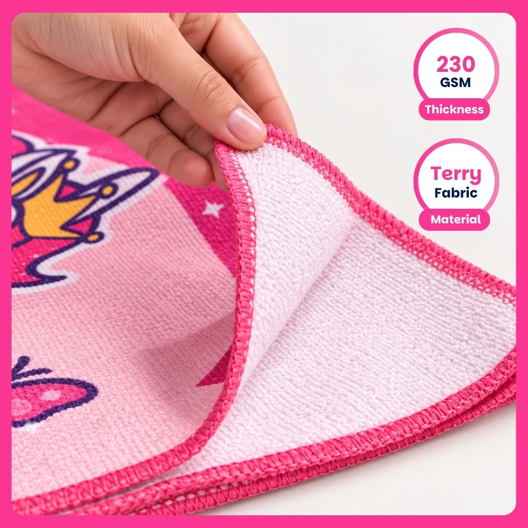 June the Unicorn kids towel featuring soft quick-dry terry fabric, lightweight absorbent design, 70 × 140 cm size, and ideal for bath, beach, pool, swimming, travel, and everyday use.